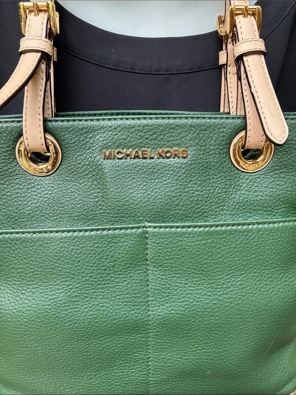 Michael Kors Green Leather Medium Tote with Tan Straps